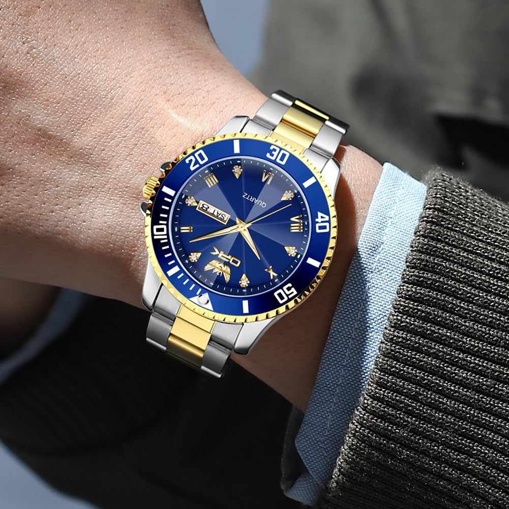 OPK Relojes para hombres de diamantes romanos analógicos relojes impermeables grandes de acero inoxidable para hombre, reloj de pulsera de negocios para padre, reloj de regalo, azul