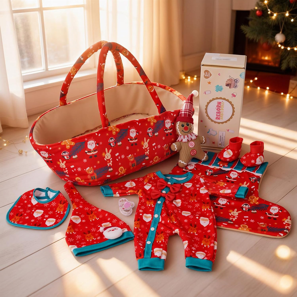 BABESIDE Juego de 8 piezas de ropa de muñeca de bebé Reborn de Navidad con moisés para muñecas de 17 a 22 pulgadas, accesorios de Navidad con manta de calcetín de Navidad, regalo ideal para niños a partir de 3 años