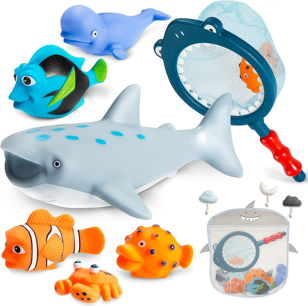 Juguetes de baño sin moho sin agujeros para niños de 1 a 3 años, juguetes de agua para bebés de 6 a 12 meses con bolsa de almacenamiento, juguetes de tiburón bebé para piscina, bañera, playa, ducha, bañera, regalo ideal para niños y niñas