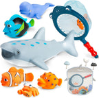 Juguetes de baño sin moho sin agujeros para niños de 1 a 3 años, juguetes de agua para bebés de 6 a 12 meses con bolsa de almacenamiento, juguetes de tiburón bebé para piscina, bañera, playa, ducha, bañera, regalo ideal para niños y niñas