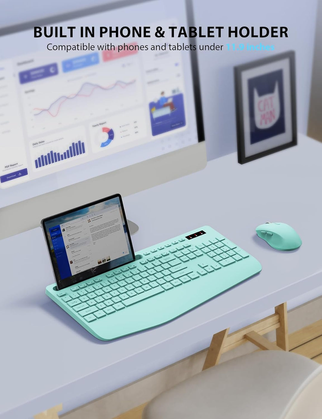 Combo de teclado y mouse inalámbricos, teclado ergonómico de tamaño...
