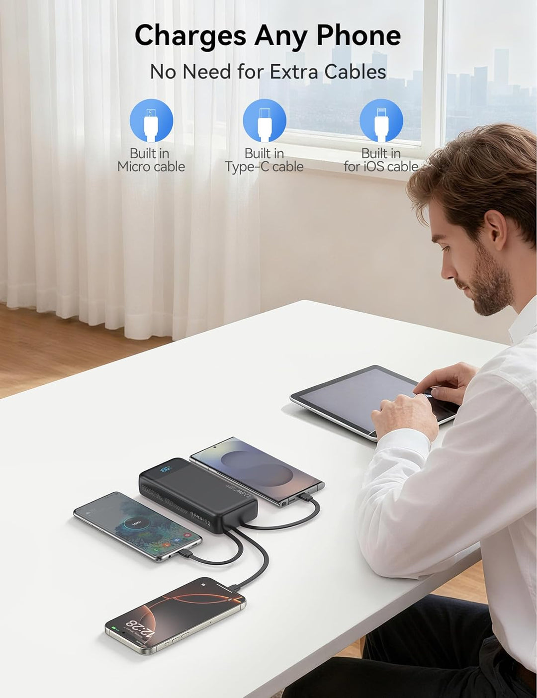Nusyddy Cargador portátil de 20000 mAh integrado con 4 cables, bate...