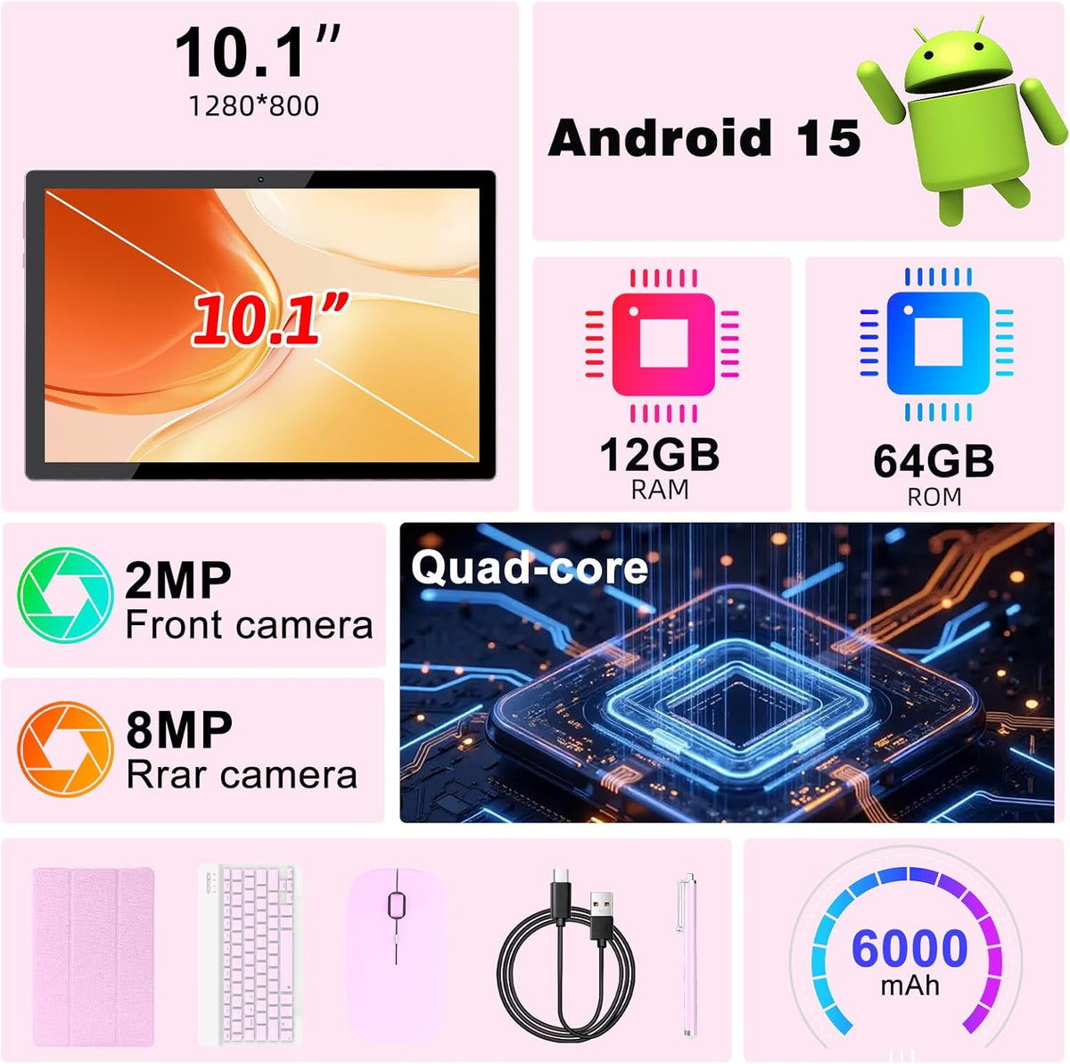 Vyrolinia Tablet Android 15 10 pulgadas 12 GB RAM+64 GB ROM\/1 TB t...