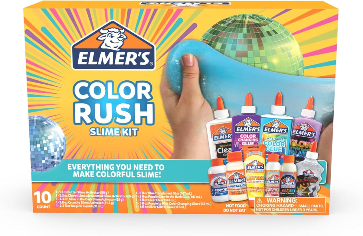Elmer's Kit de slime Color Rush, incluye pegamento líquido, activador, hace que el color cambie, brilla en la oscuridad, slime de mantequilla y más, kit de 10 piezas, perfecto para fiestas de cumpleaños, idea de regalo, actividad de niños