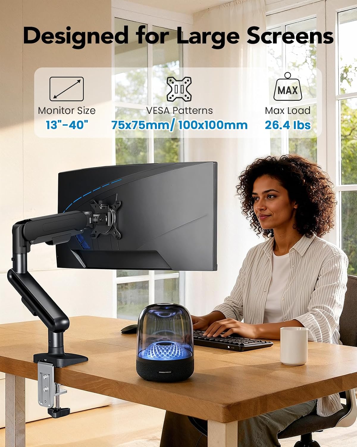 HUANUO Brazo de monitor ultraancho para pantallas de 13 a 40 pulgadas, soporte para monitor individual con capacidad para hasta 26.4 libras, soporte de monitor ajustable con abrazadera en C y base de