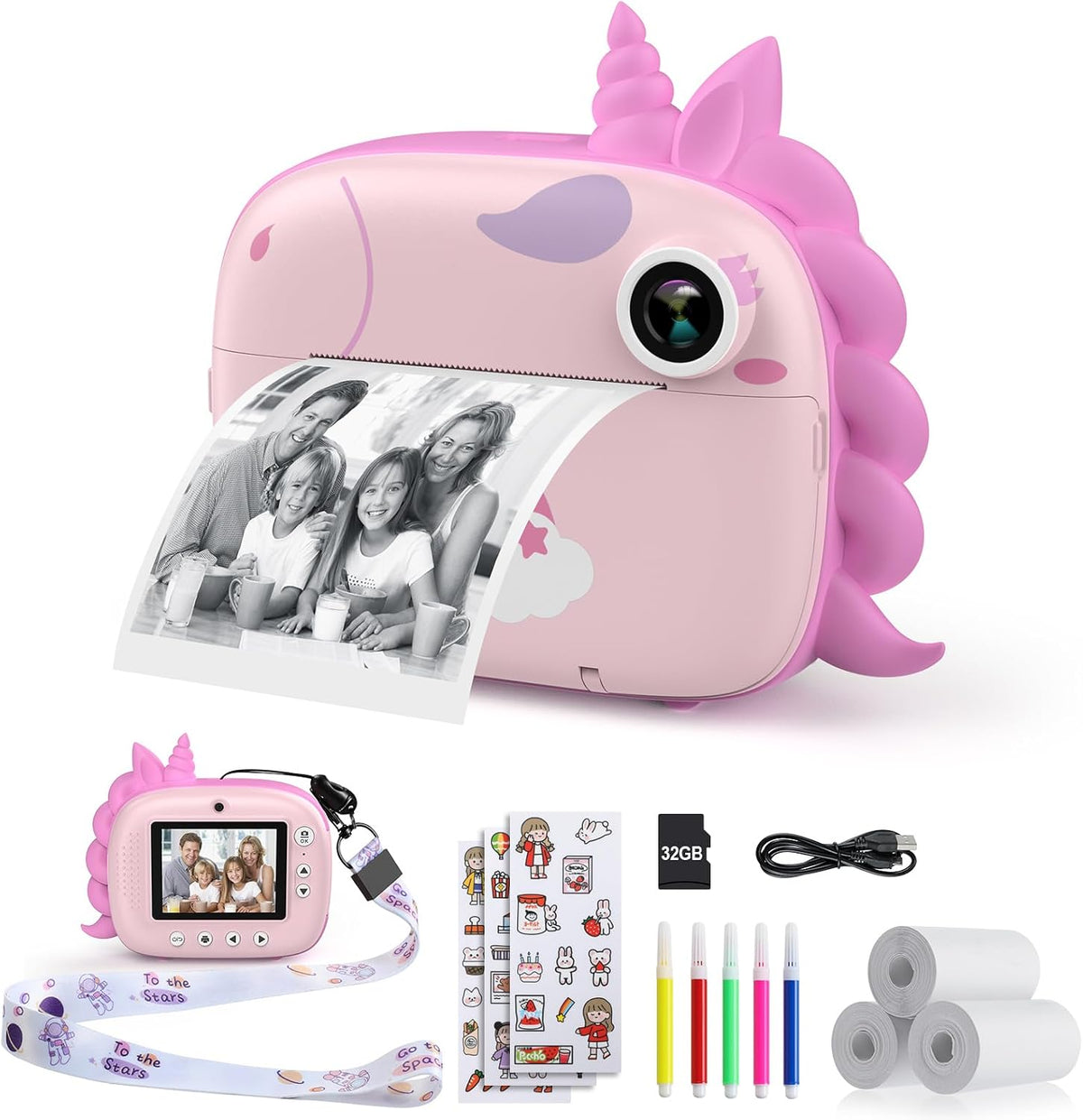 HiMont Cámara para niños, impresión instantánea, cámara digital selfie para niños con papel de impresión y tarjeta de 32G, video de 2.5K y cámara de impresión instantánea con bolígrafos de color para