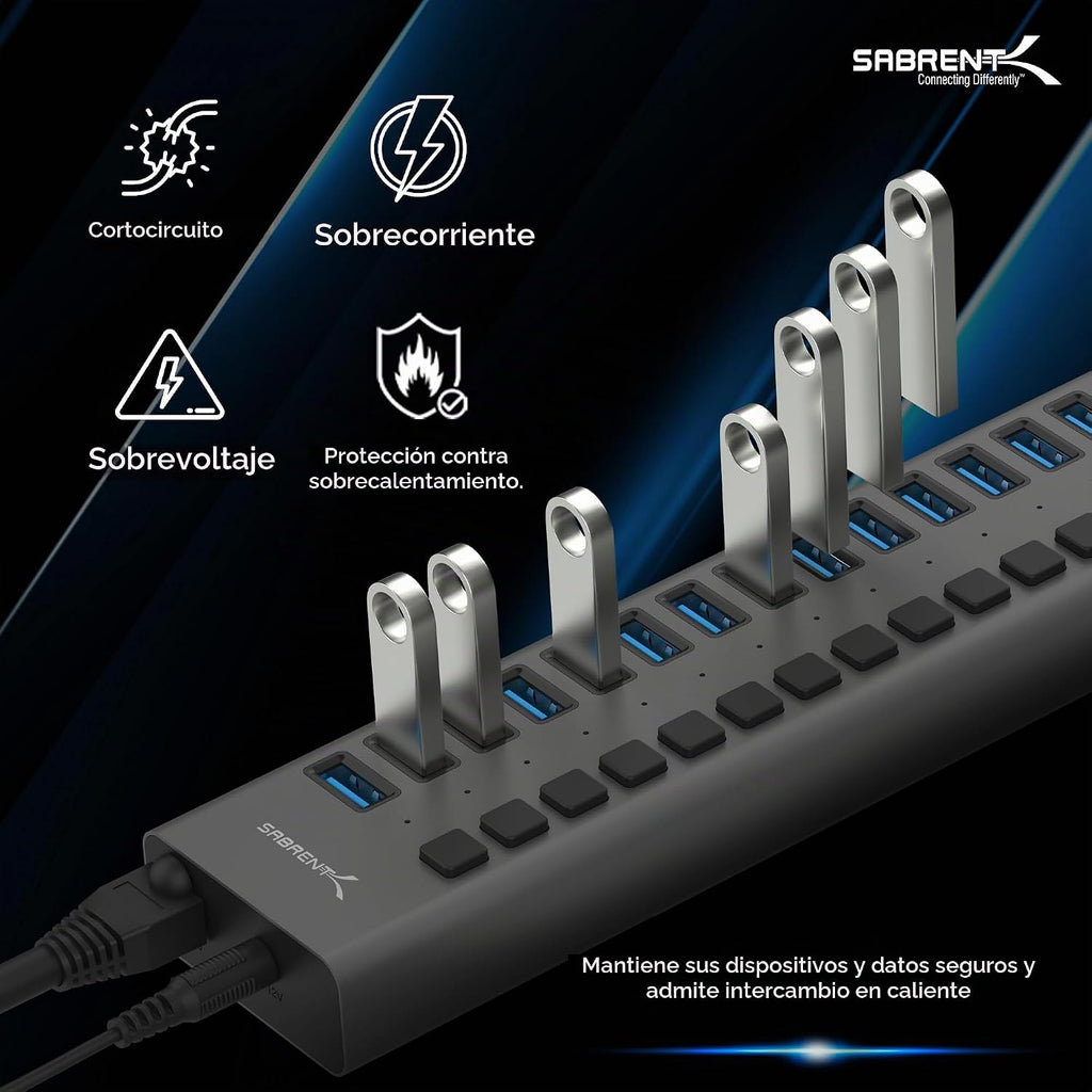 SABRENT, MKI-1200800C8, hub USB 3.0 de 16 puertos, alimentado, adaptador 12V/7.5A