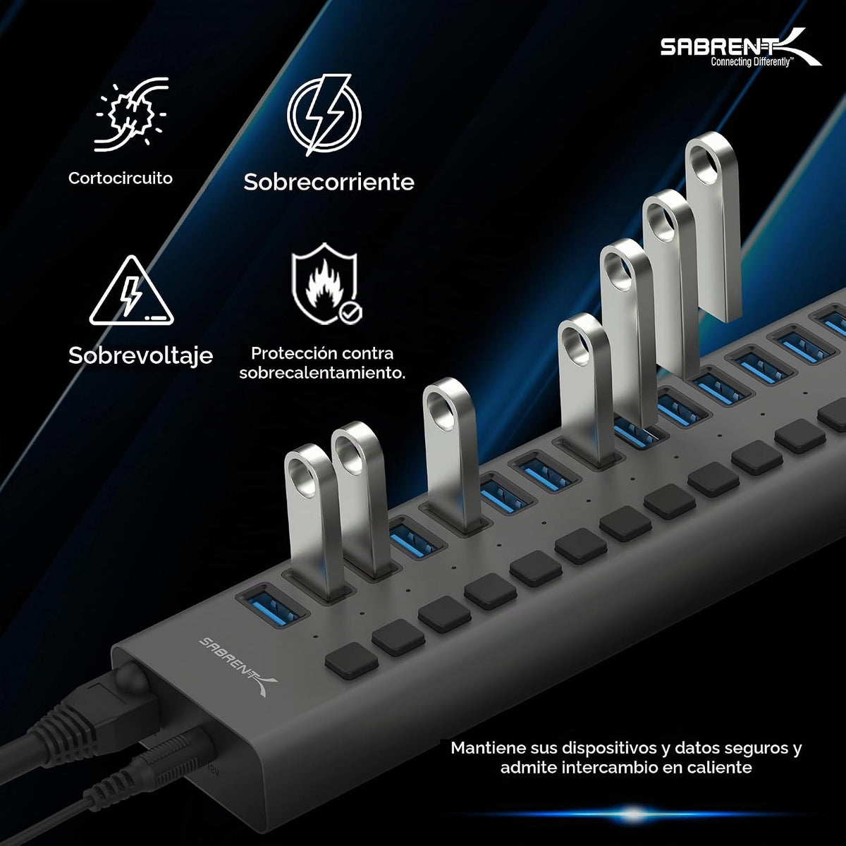 SABRENT, MKI-1200800C8, hub USB 3.0 de 16 puertos, alimentado, adaptador 12V/7.5A