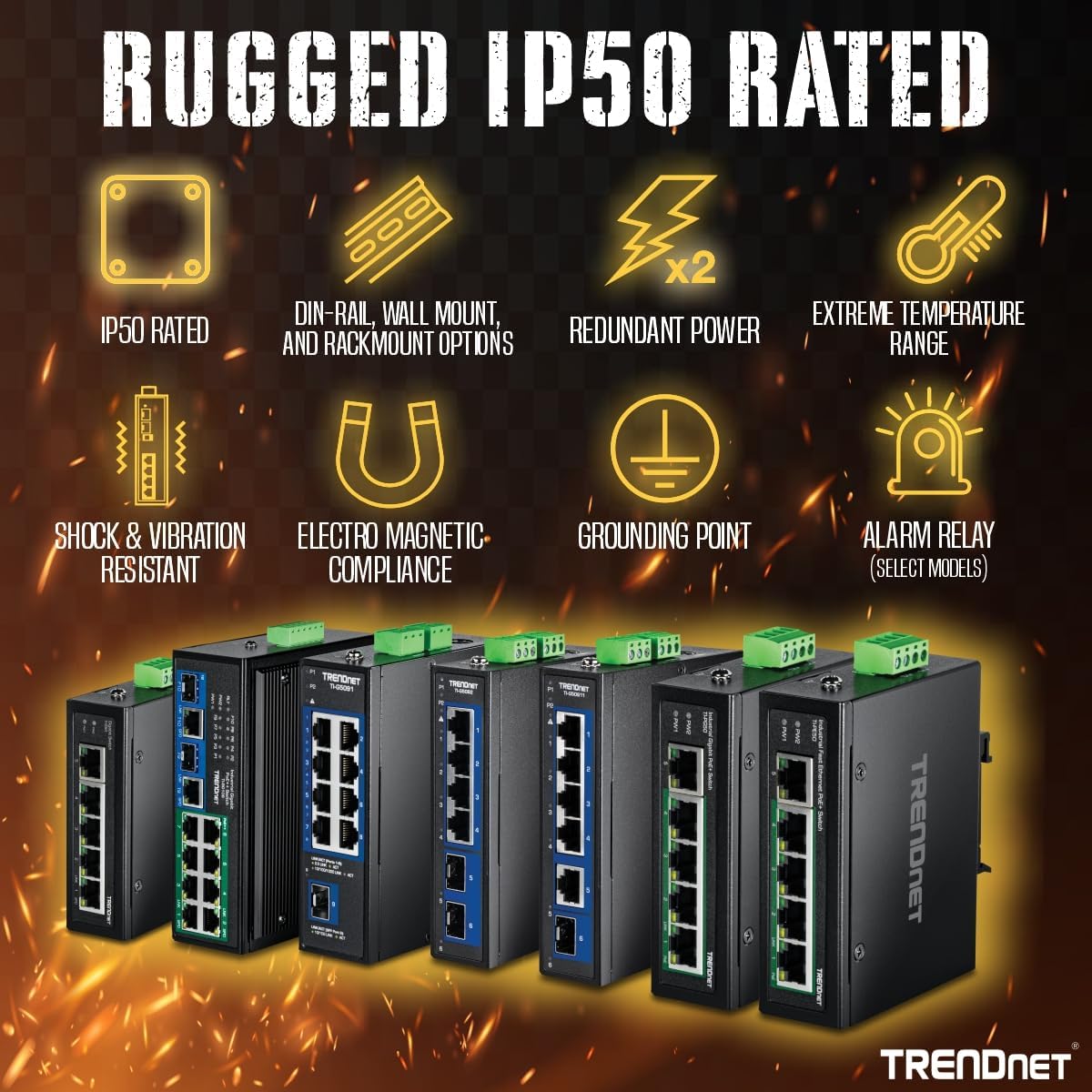 TRENDnet Conmutador de carril DIN de Ethernet rápido industrial, TI-E50