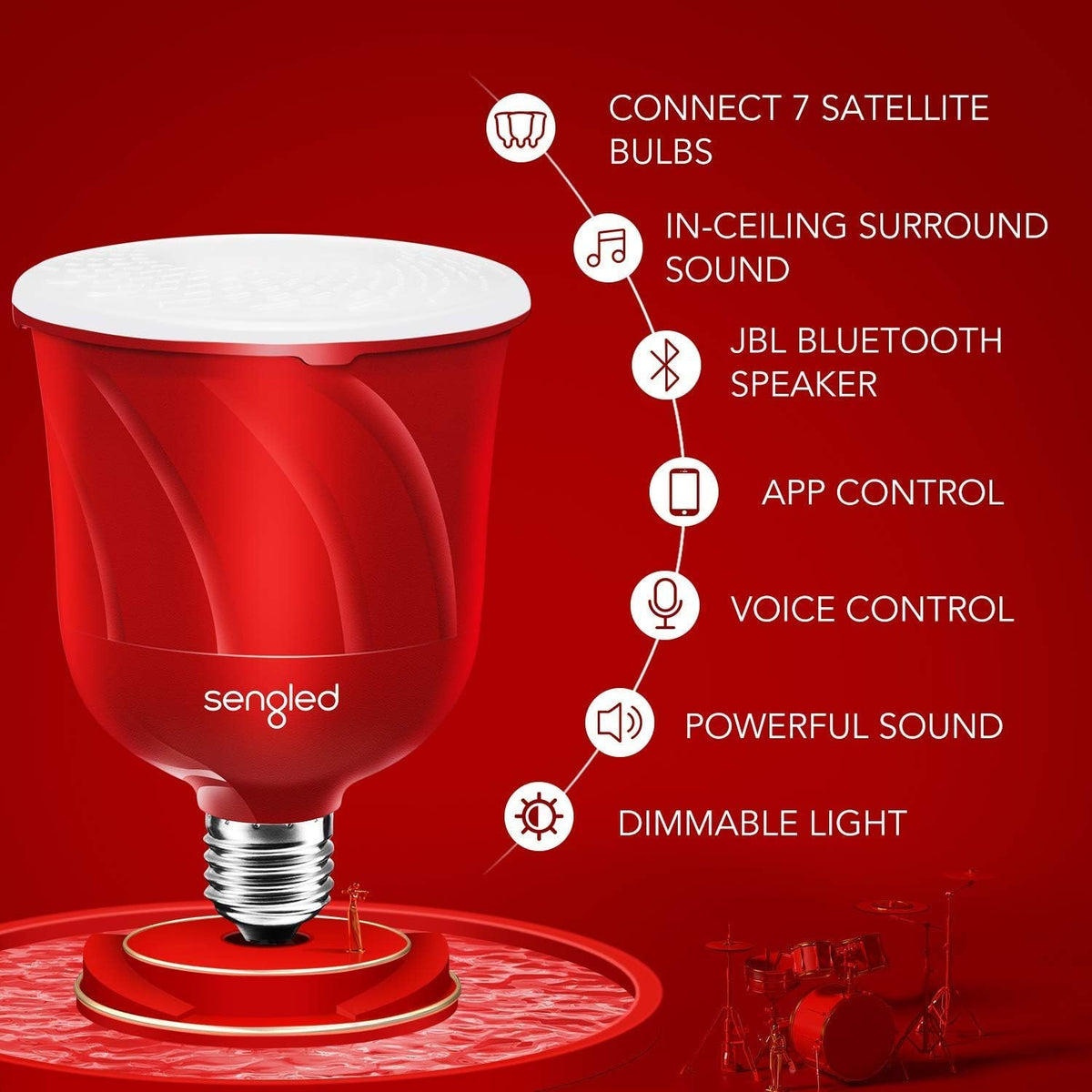 Sengled Bombilla inteligente LED Pulse con altavoz Bluetooth JBL, controlada por aplicación hasta 8 bombillas LED BR30 con kit de inicio, base E26, compatible con Amazon Alexa, Candy Apple Red,