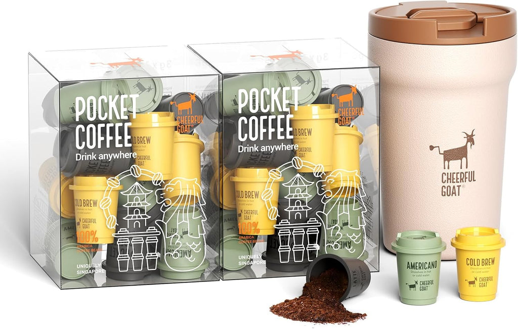 CHEERFUL GOAT Instant Cold Brew Coffe - Taza de viaje de café con forro de cerámica, café de bolsillo especial 100% arábica, liofilizado para una máxima frescura, sin azúcar, sin aditivos, L