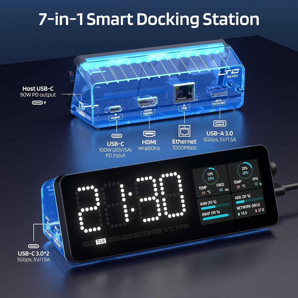 LTC Estación de acoplamiento para portátil, concentrador USB C 7 en 1 con pantalla, múltiples aplicaciones integradas, adaptador multipuerto con HDMI 4K a 60Hz, entrega de energía de 90 W, puertos de datos USBC y USBA, dongle para MacBook, Dell y más
