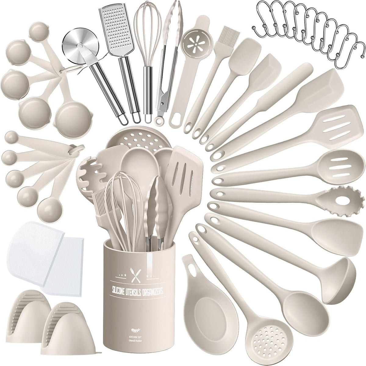 Juego de utensilios de cocina de silicona, AIKKIL 43 piezas de utensilios de cocina resistentes al calor color caqui, juego de volteador, pinzas, cuchara, espátula, utensilios de cocina antiadherentes