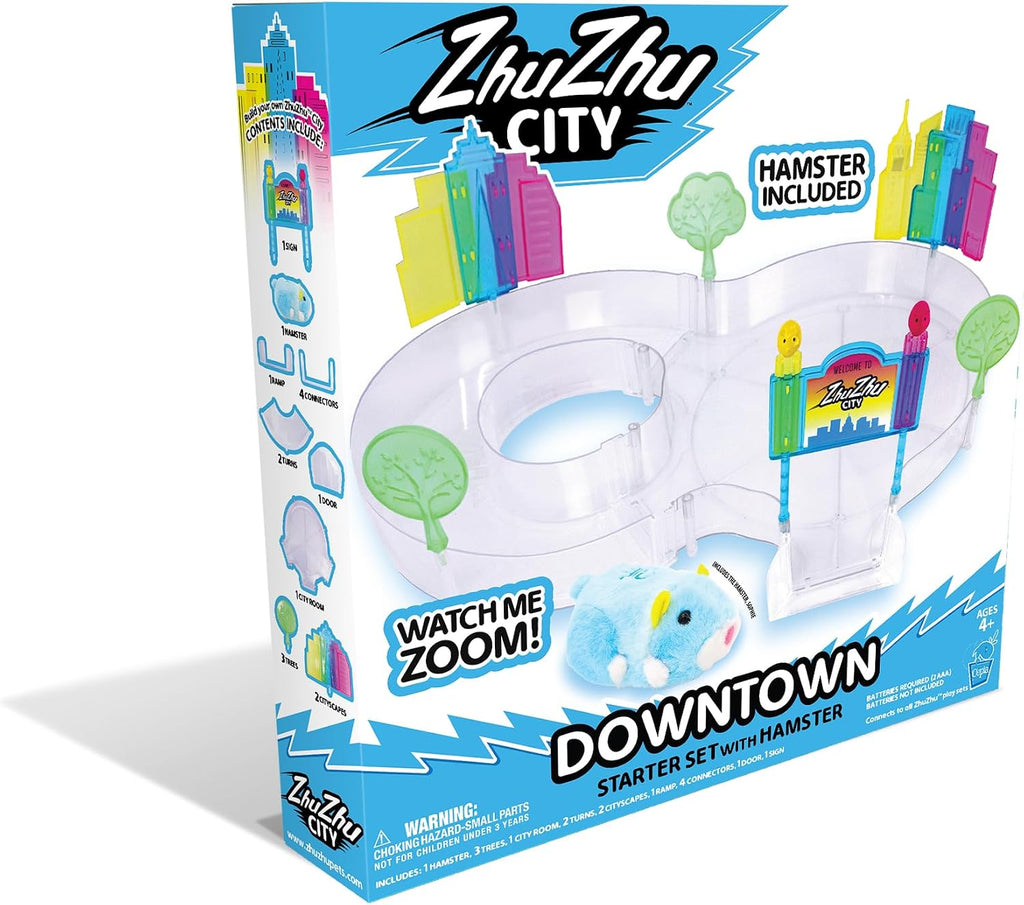 ZhuZhu City Downtown Starter Playset – Juguete electrónico interactivo para hámster con Pipsqueak & Sophie – Más de 40 sonidos y acciones – Juego de pista expandible regalo para niños a partir de 4 años