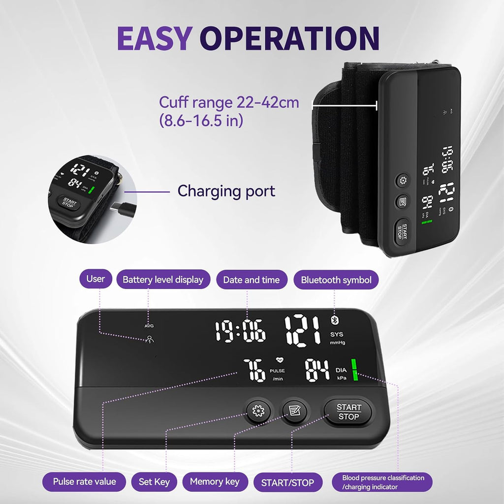 Monitor de presión arterial inalámbrico con Bluetooth para la parte superior del brazo, monitor de presión arterial recargable portátil ultraligero, compatible con la aplicación iOS/Android BP