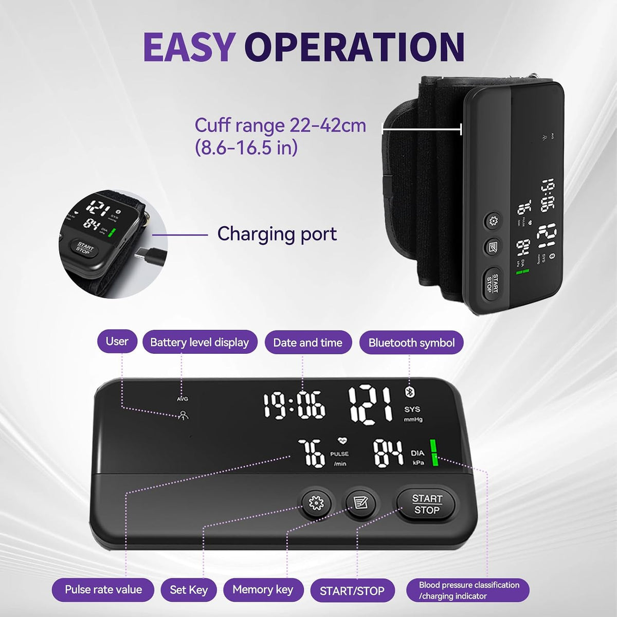 Monitor de presión arterial inalámbrico con Bluetooth para la parte superior del brazo, monitor de presión arterial recargable portátil ultraligero, compatible con la aplicación iOS/Android BP