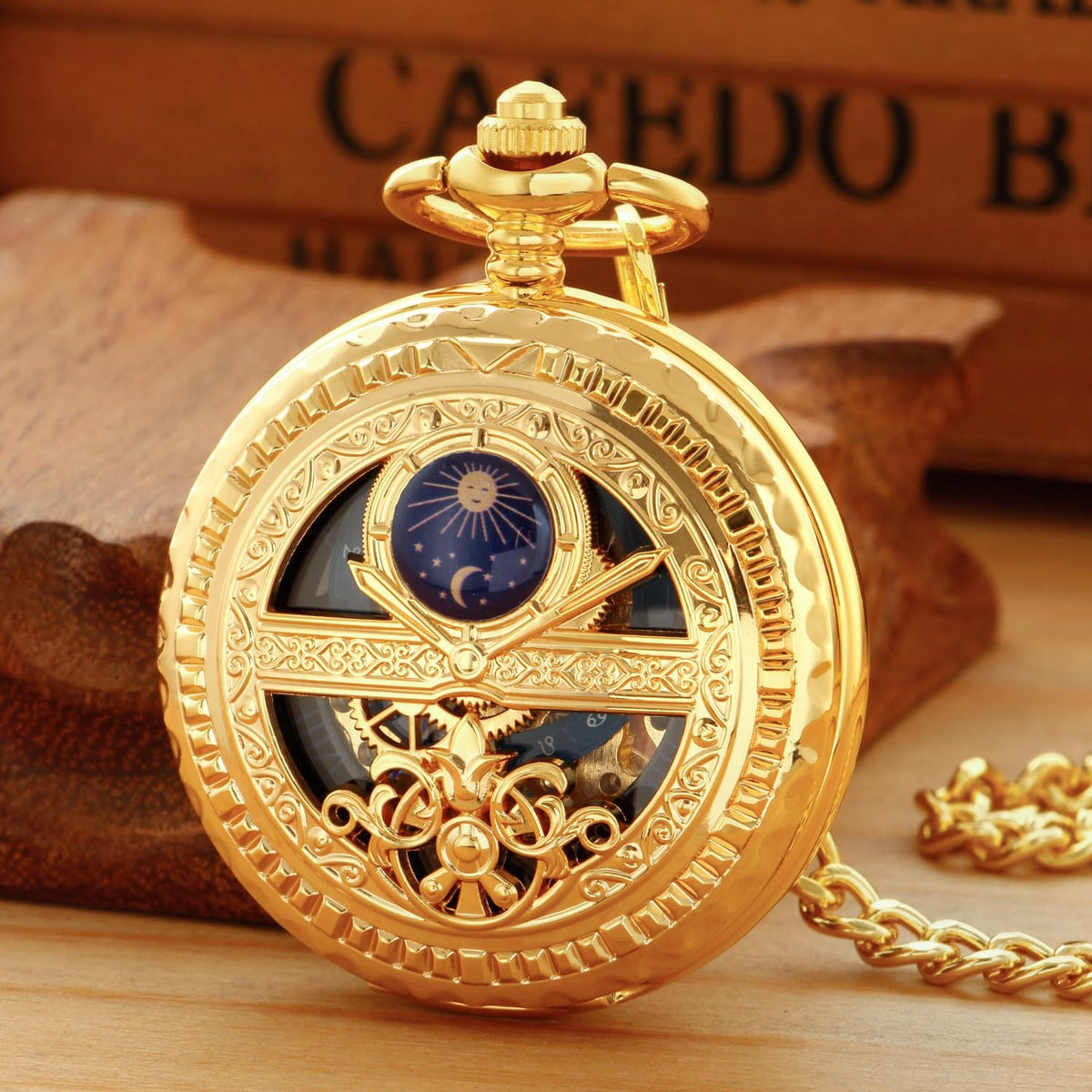 Reloj de bolsillo mecánico para hombre, esfera de número romano, diseño de fase lunar