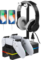 Cargador para PS5 con puerto de carga USB y toma de corriente, estación de carga RGB DualSense para controles de Playstation 5 con soporte para audífonos, accesorios PS5