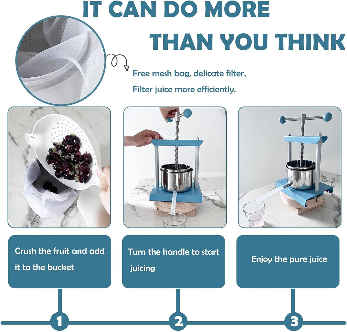 SQUEEZE master Tintura de queso, hierbas, frutas, vino, prensa manual -0.53 galones/2 litros de potencia de acero inoxidable y hierro para jugo, sidra, vino, aceite de oliva, azul