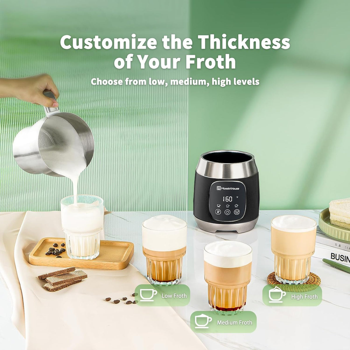 Maestri House Espumador de Leche, Temperatura Variable y Grosor de Espuma DualFro 600 Espumador de Leche Vaporizador, Calentador de Leche con Control Táctil Inteligente de 21OZ, Apto para Lavavajillas