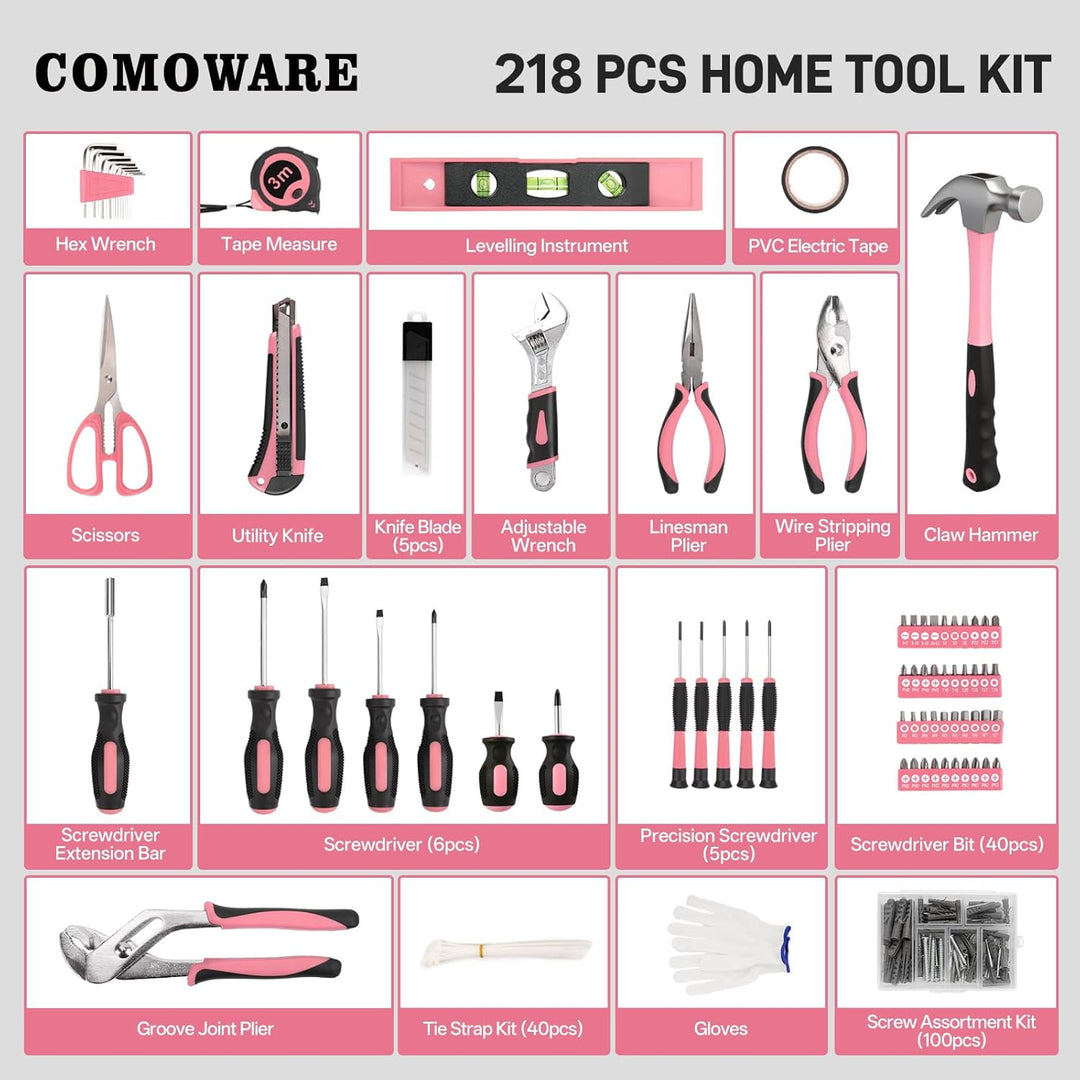 COMOWARE Kit de herramientas para el hogar de 218 piezas, color ros...