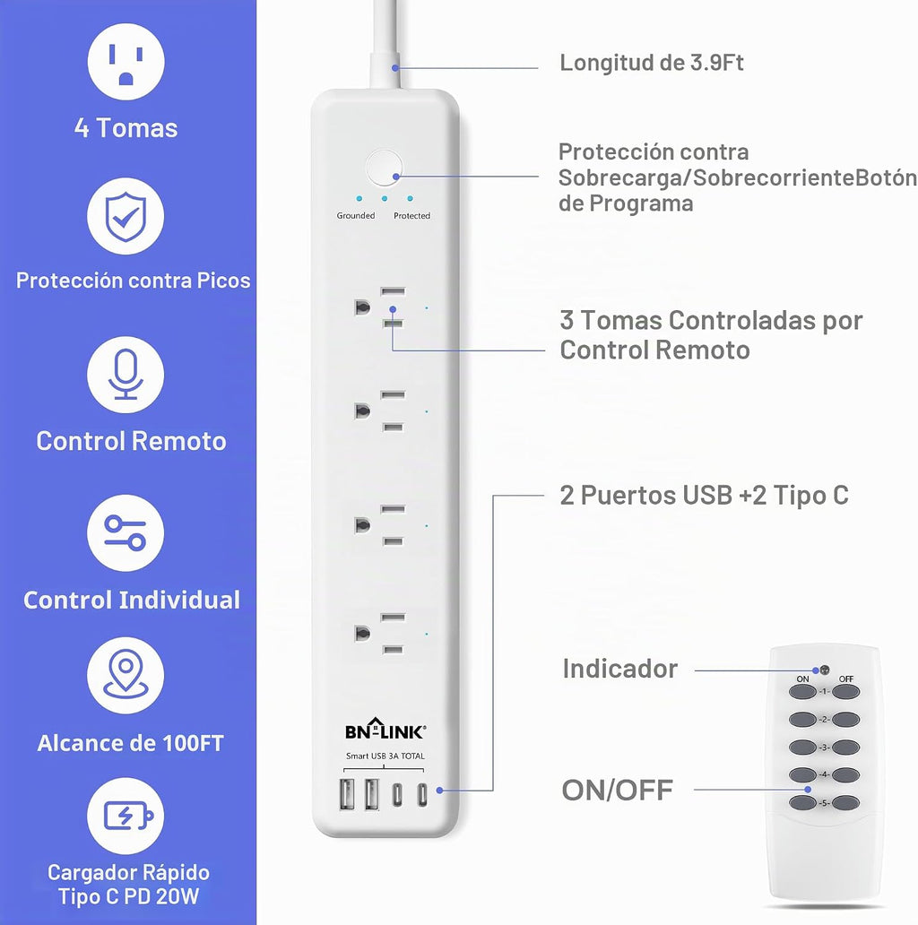 BN-LINK Regleta de control remoto con 4 tomacorrientes independientes, 4