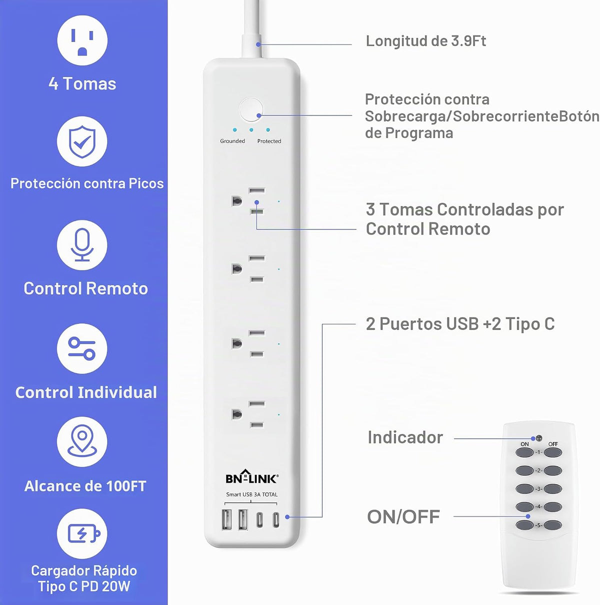 BN-LINK Regleta de control remoto con 4 tomacorrientes independientes, 4