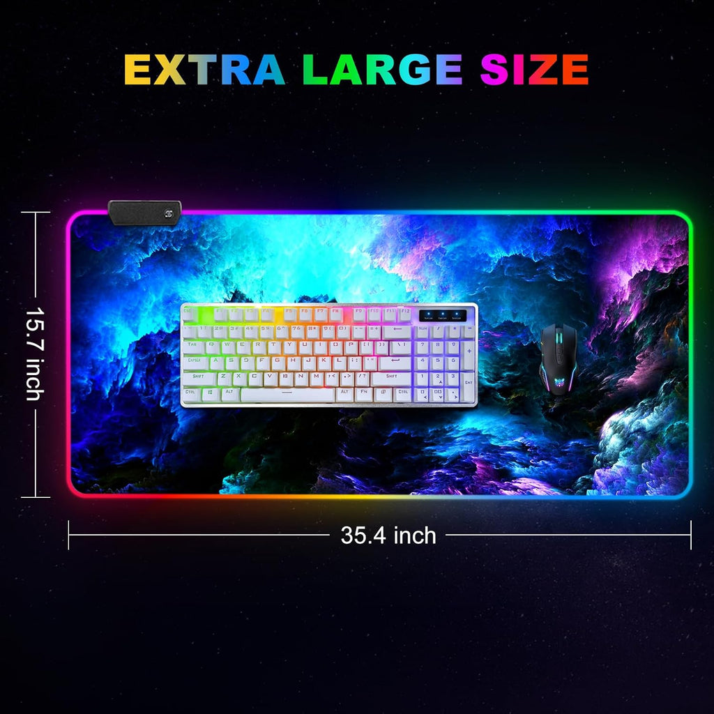 Alfombrilla de mouse RGB para juegos grande, extendida LED, tamaño XXL, 35.4 x 15.7 pulgadas, 14 modos de iluminación, 2 brillo, base de goma antideslizante, alfombrilla de teclado impermeable, nebulosa de fantasía