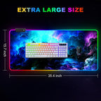 Alfombrilla de mouse RGB para juegos grande, extendida LED, tamaño XXL, 35.4 x 15.7 pulgadas, 14 modos de iluminación, 2 brillo, base de goma antideslizante, alfombrilla de teclado impermeable, nebulosa de fantasía