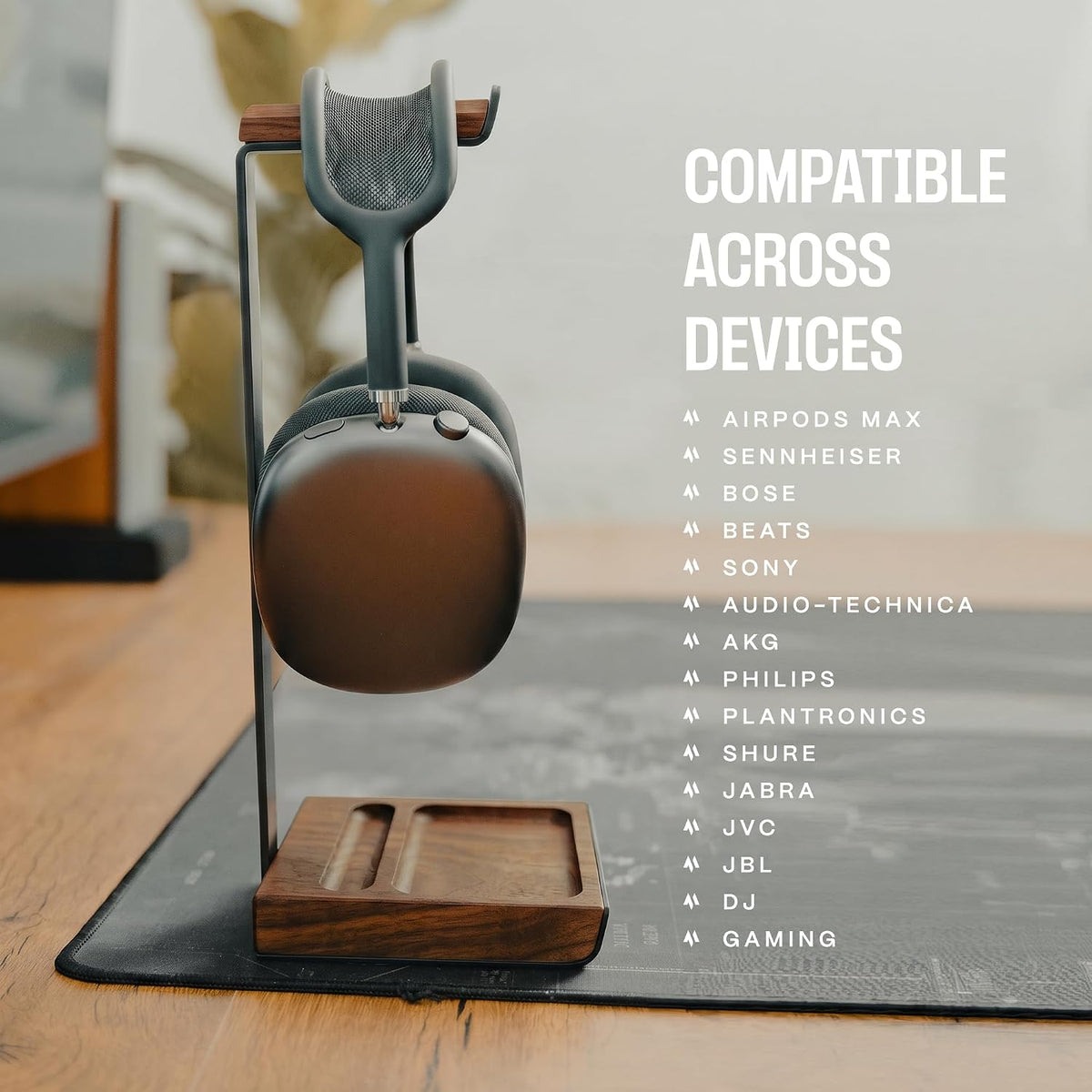 COREMINDED Soporte Universal para Auriculares en Escritorio, Madera de Nogal