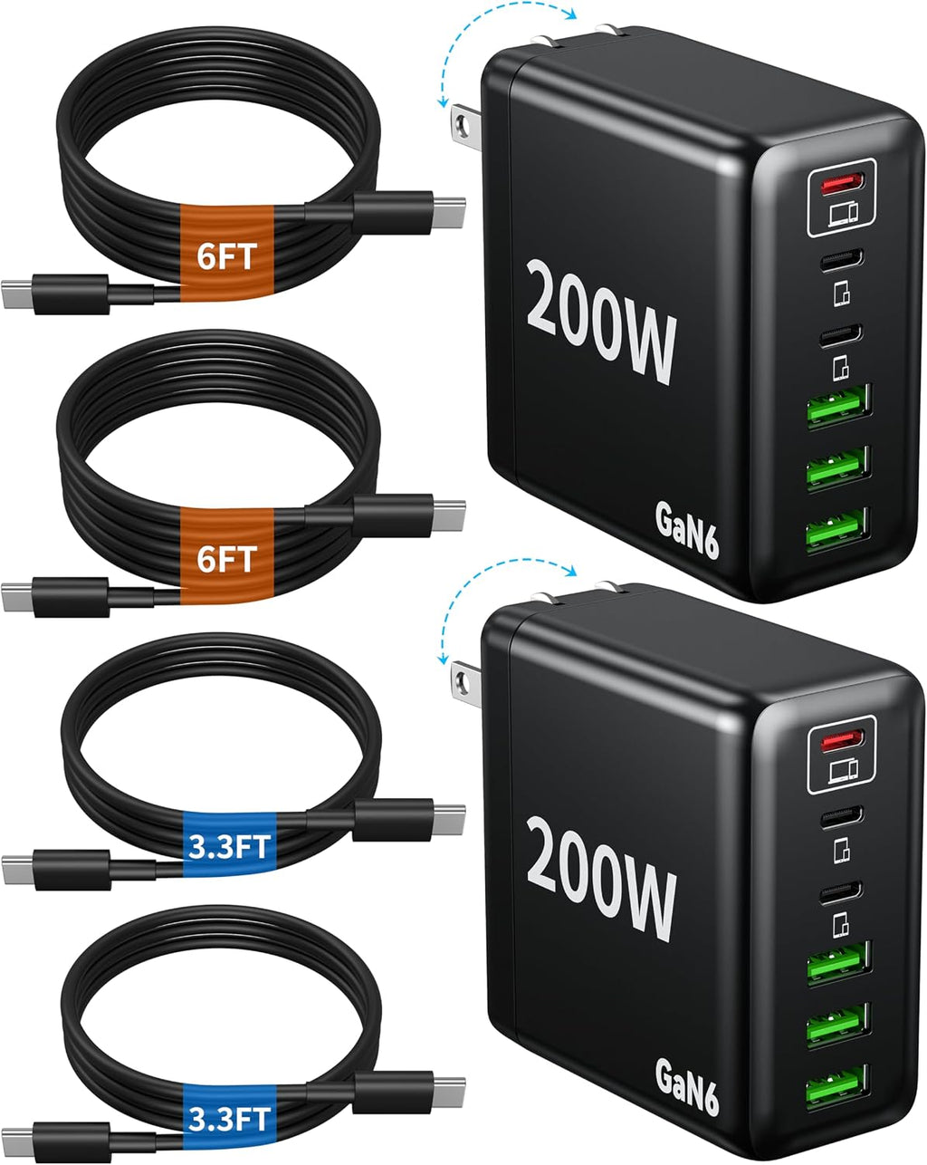Paquete de 2 cargadores USB C, 200 W GaN cargador súper rápido tipo C iPhone 17 16 carga rápida 6 puertos plegable PD estación de carga para todos los teléfonos iPhone/Android, Samsung Galaxy S25/S24
