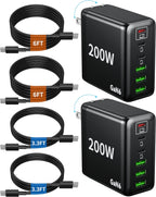 Paquete de 2 cargadores USB C, 200 W GaN cargador súper rápido tipo C iPhone 17 16 carga rápida 6 puertos plegable PD estación de carga para todos los teléfonos iPhone/Android, Samsung Galaxy S25/S24