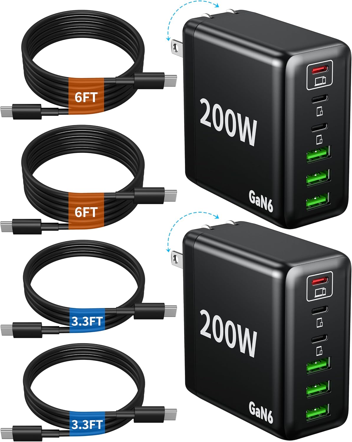 Paquete de 2 cargadores USB C, 200 W GaN cargador súper rápido tipo C iPhone 17 16 carga rápida 6 puertos plegable PD estación de carga para todos los teléfonos iPhone/Android, Samsung Galaxy S25/S24