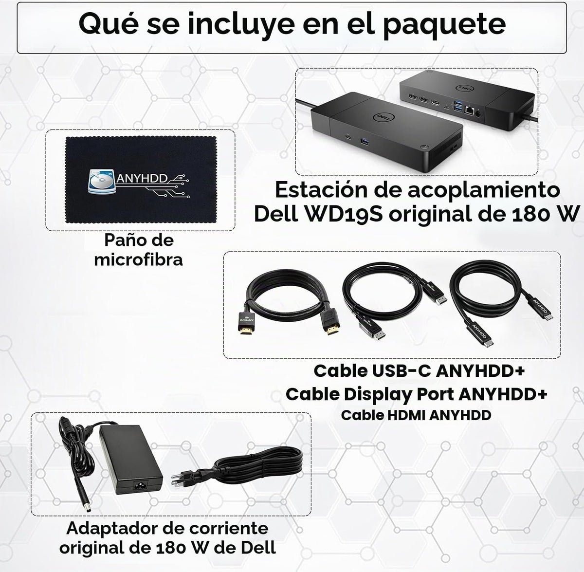 Dell WD19S Docking Station Dual Monitor Bundle - 180W, Supports 4K Display, Dell Dock con 180W Power Supply + 4K HDMI Cable + 4K DisplayPort Cable + USB-C Cable + Microfiber Cloth Included