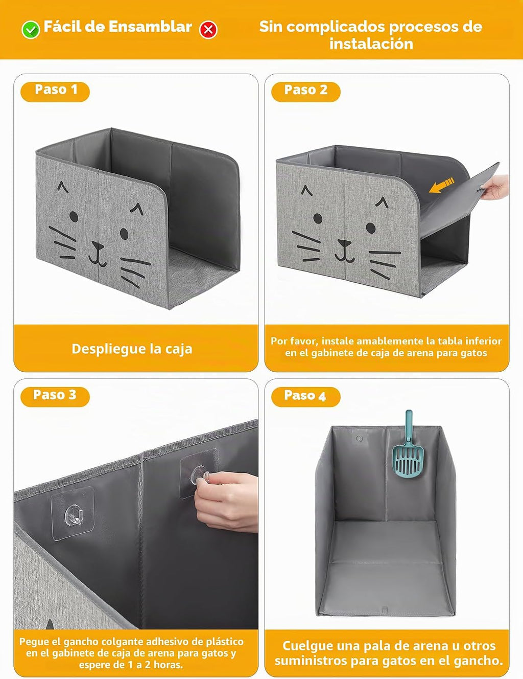 Caja de arena impermeable para gatos con alfombrilla extraíble, caja para gatos con 2 ganchos para cuchara, antifugas, control de polvo, fácil de limpiar, 24.02 x 16.14 x 16.14 pulgadas