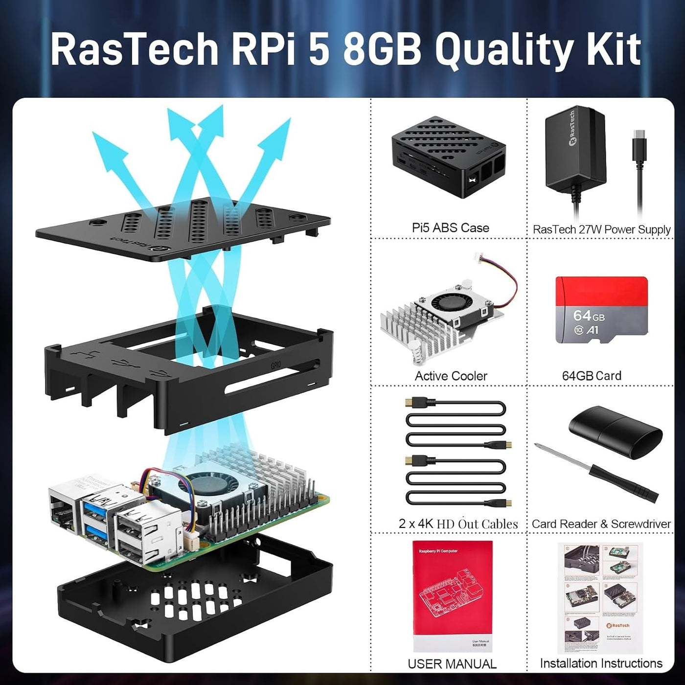 RasTech Raspberry Pi 5 8GB Kit 64GB Edition con enfriador activo, f...