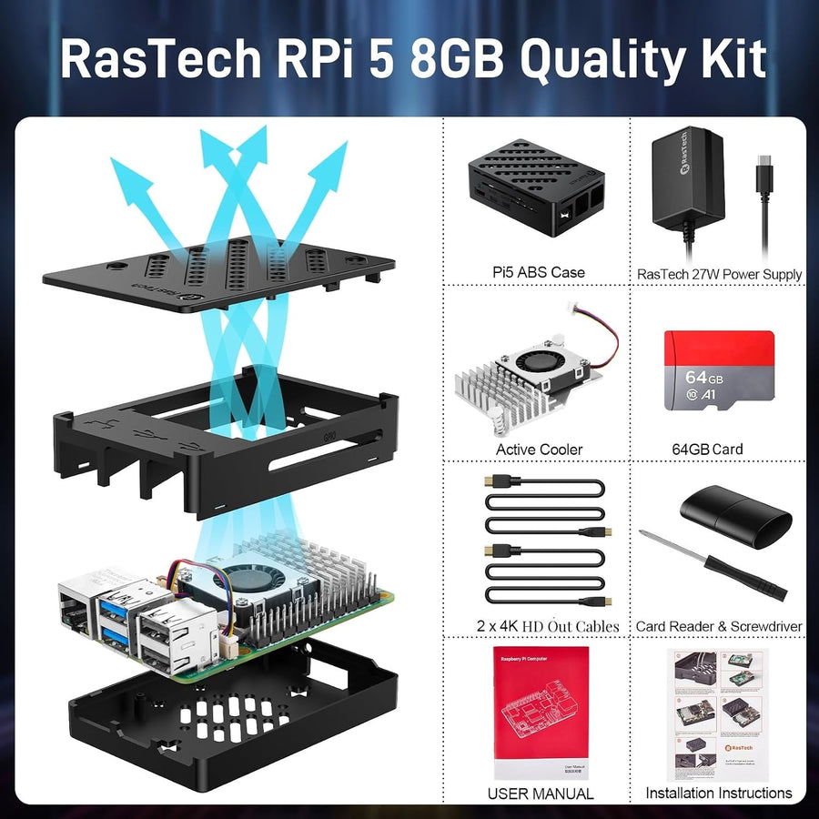 RasTech Raspberry Pi 5 8GB Kit 64GB Edition con enfriador activo, f...
