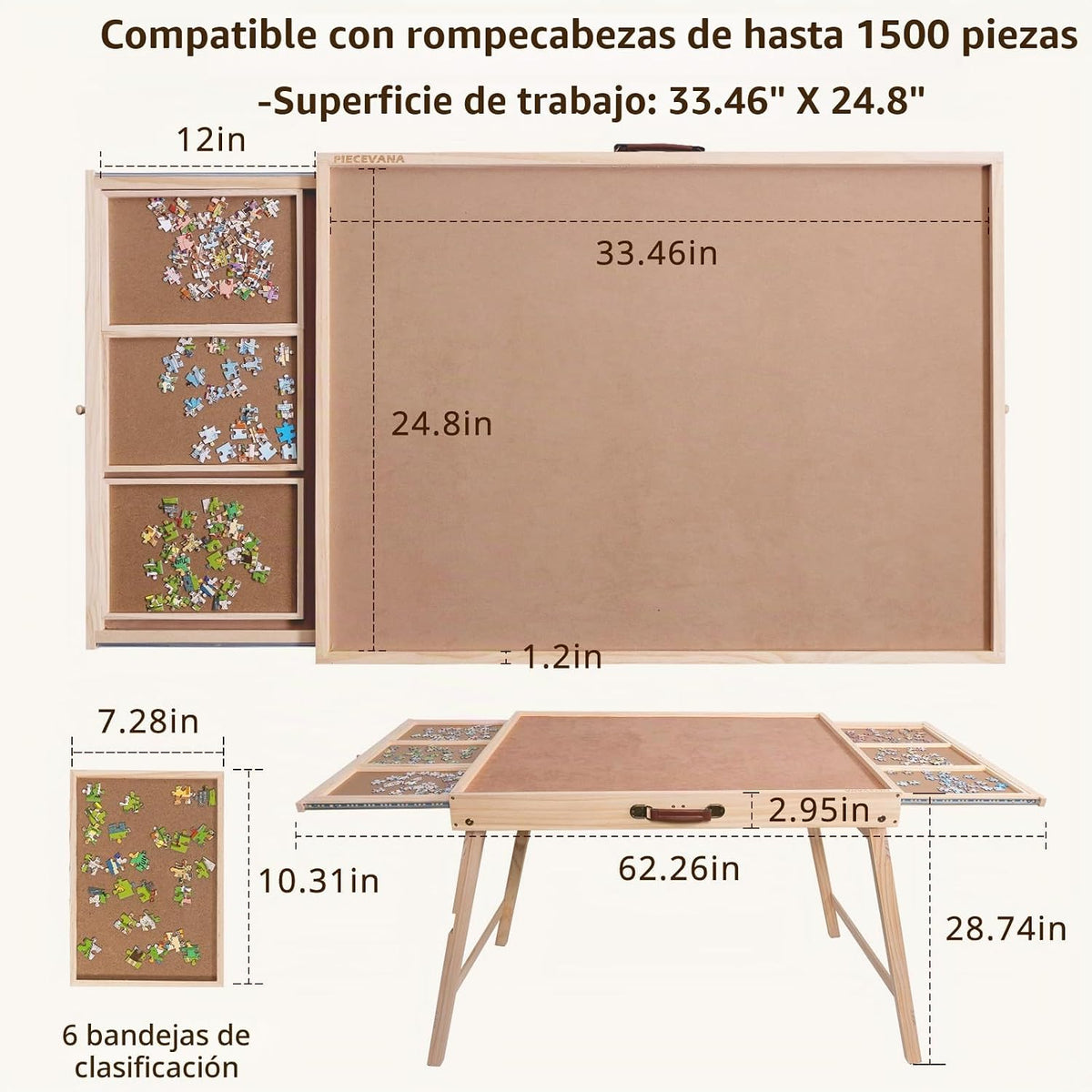Mesa de rompecabezas con patas, 2 cajones y 6 bandejas de