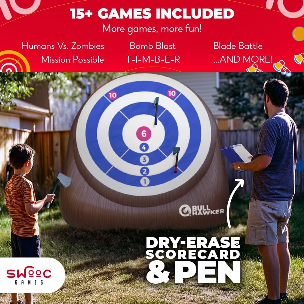 Swooc Games - Bull Hawker | Dardos de hacha gigante con más de 15 juegos | Juego de lanzamiento de hachas para patio trasero con bomba de aire | Juegos grandes al aire libre para adultos y familia |