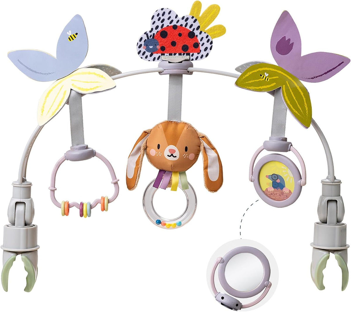 Taf Toys Juguete de arco de cochecito de bebé, juguetes para asiento de automóvil, juguete ajustable con 6 juguetes de actividad sensorial colgantes, se adapta a la gorila de bebé, moisés, cuna