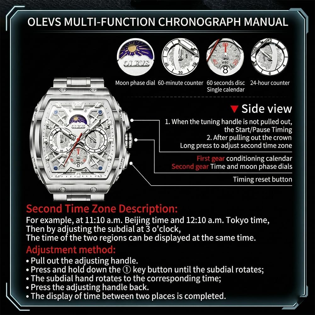 OLEVS Reloj para Hombres Analógico Cuarzo Lujo Diamante Resistente al Agua Cronógrafo Acero Inoxidable Carita Grande Cuadrado Fecha Fase Lunar Romano Relojes de Vestir para Hombres