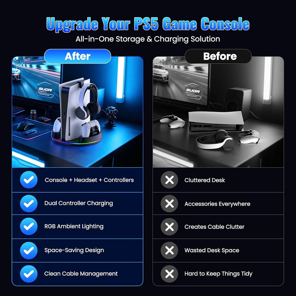 NEWDERY para PS5/Slim/Pro Console Stand, con Dual carga Station para PS5 Controllers, Adjustable RGB Light, para PS5 Controller Charger Stand - negro