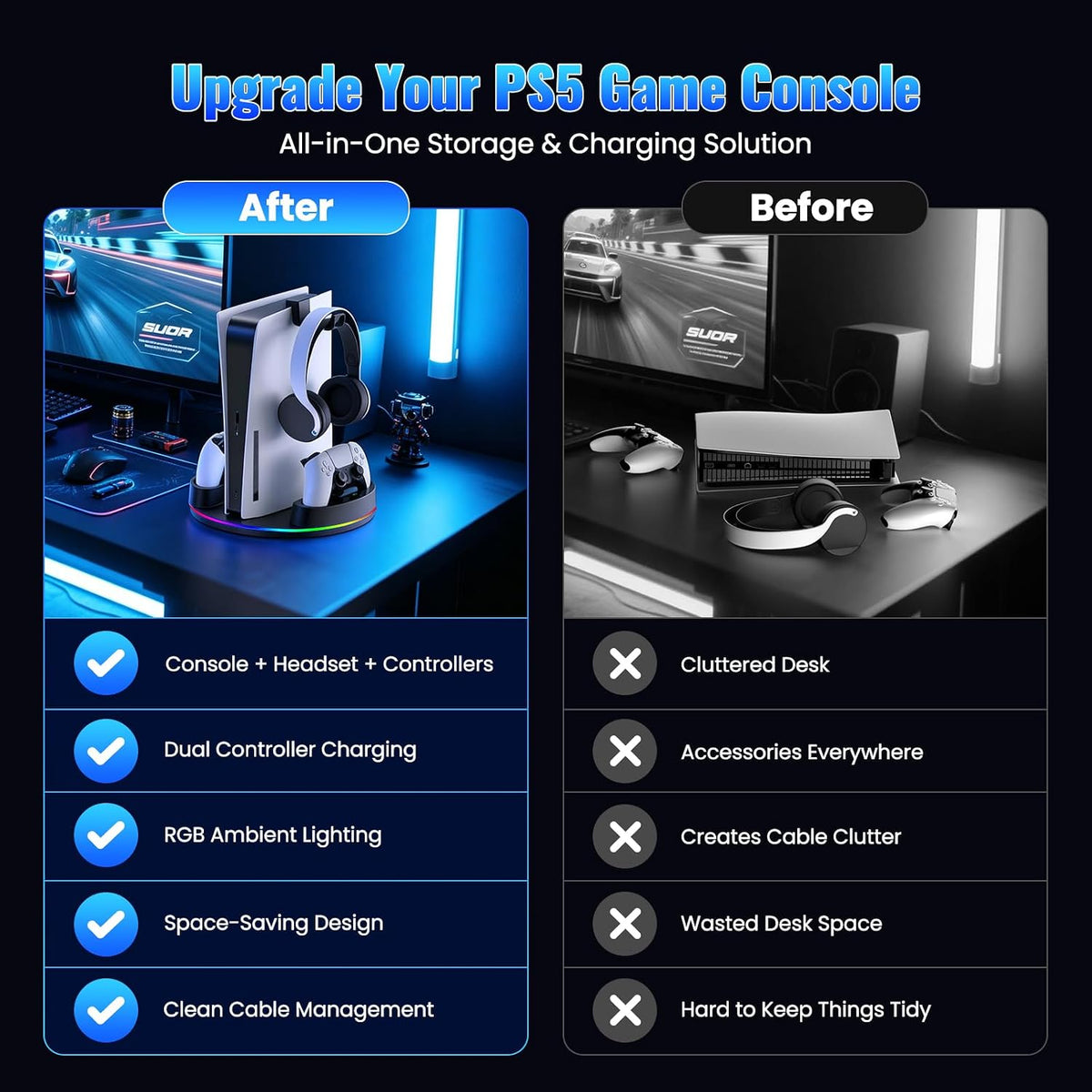 NEWDERY para PS5/Slim/Pro Console Stand, con Dual carga Station para PS5 Controllers, Adjustable RGB Light, para PS5 Controller Charger Stand - negro