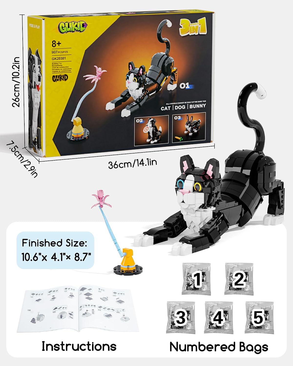 Juego de construcción de gato esmoquin 3 en 1, construye un gato, perro o conejo
