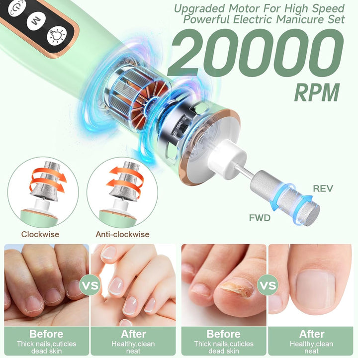 Taladro de uñas eléctrico inalámbrico con luz LED de 360° y 10 velo...