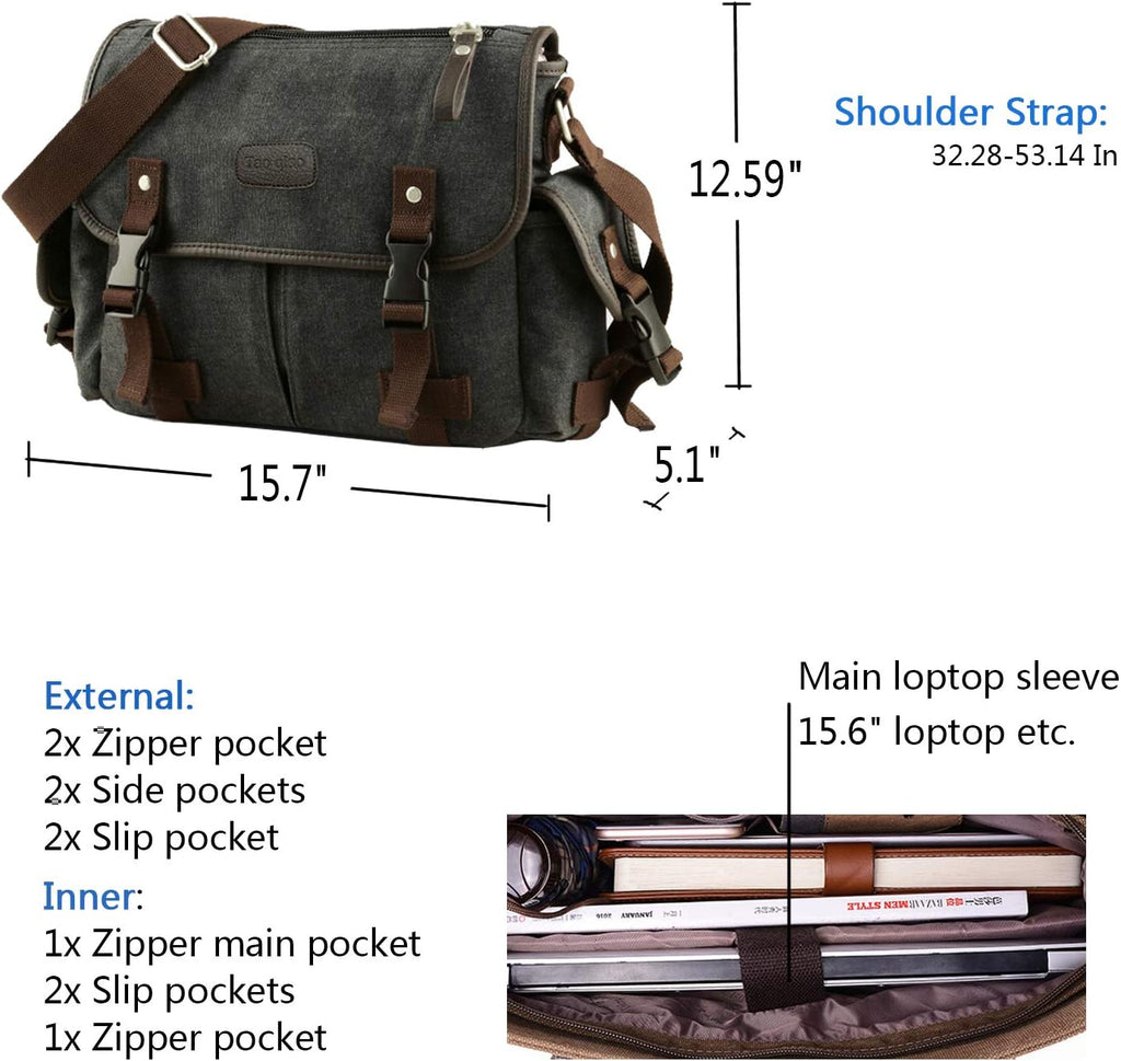 [Mejorado] Bolso mensajero vintage de lona para laptop 13" 15.6" 17" grande para libros y hombro para mujer y hombre Nuevo (Negro, X-Large)
