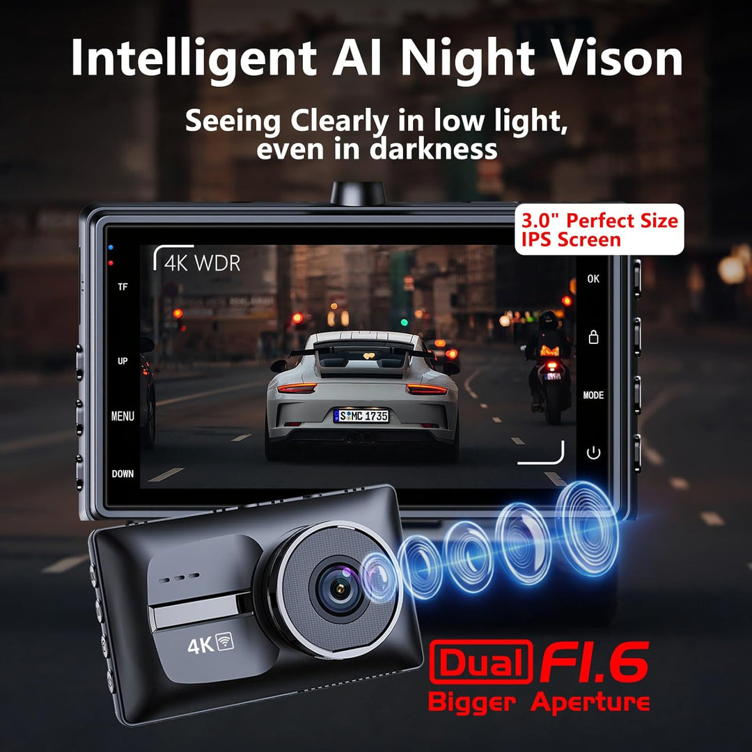 Cámara de tablero de auto dual delantera y trasera 4K