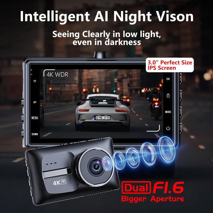 Cámara de tablero de auto dual delantera y trasera 4K