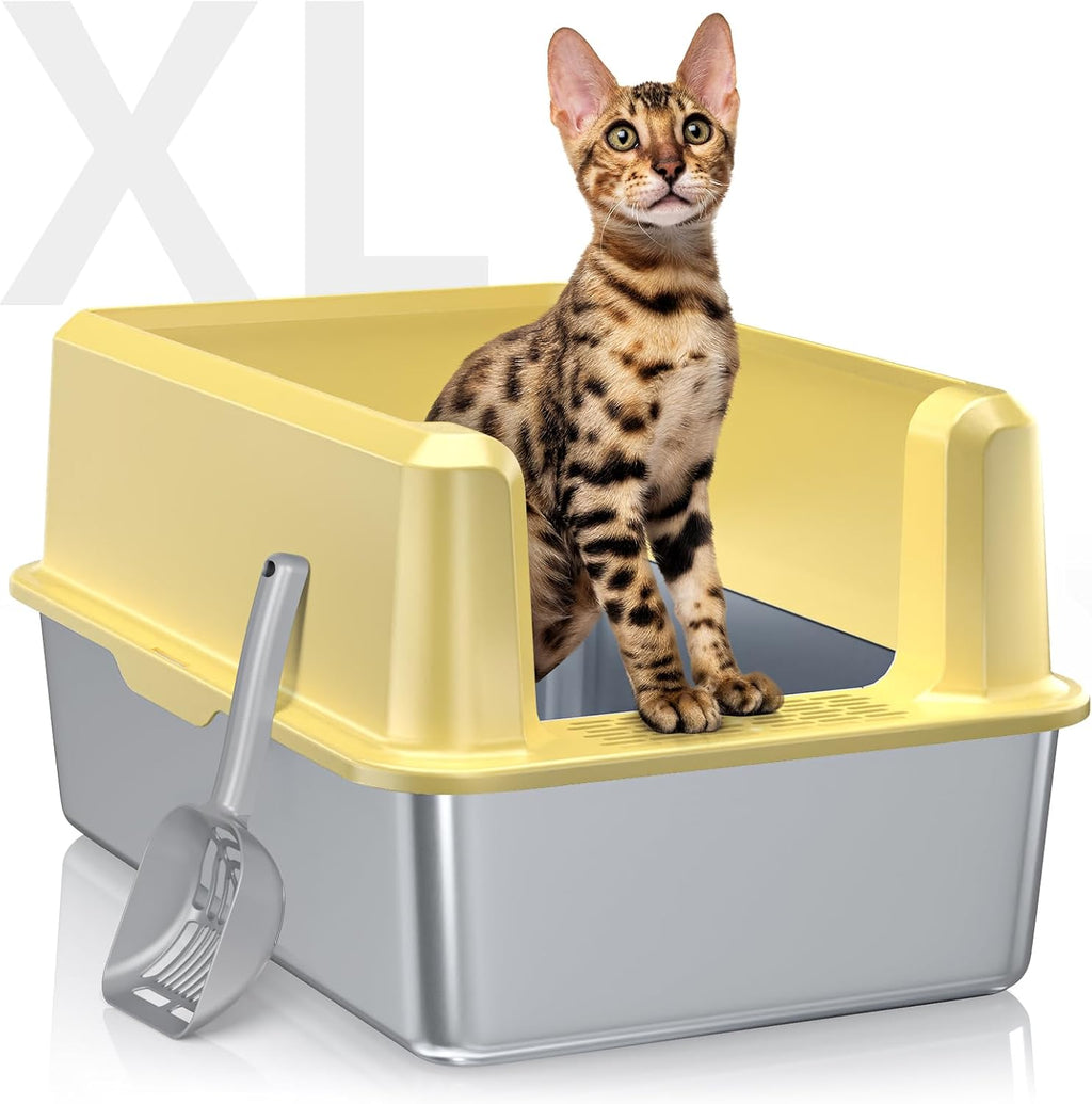 Caja de arena de acero inoxidable con lado alto, caja de arena extragrande XXL para gatos grandes y múltiples gatos, antiadherente, sin fugas de orina, bandeja de arena para gatos fácil de limpiar