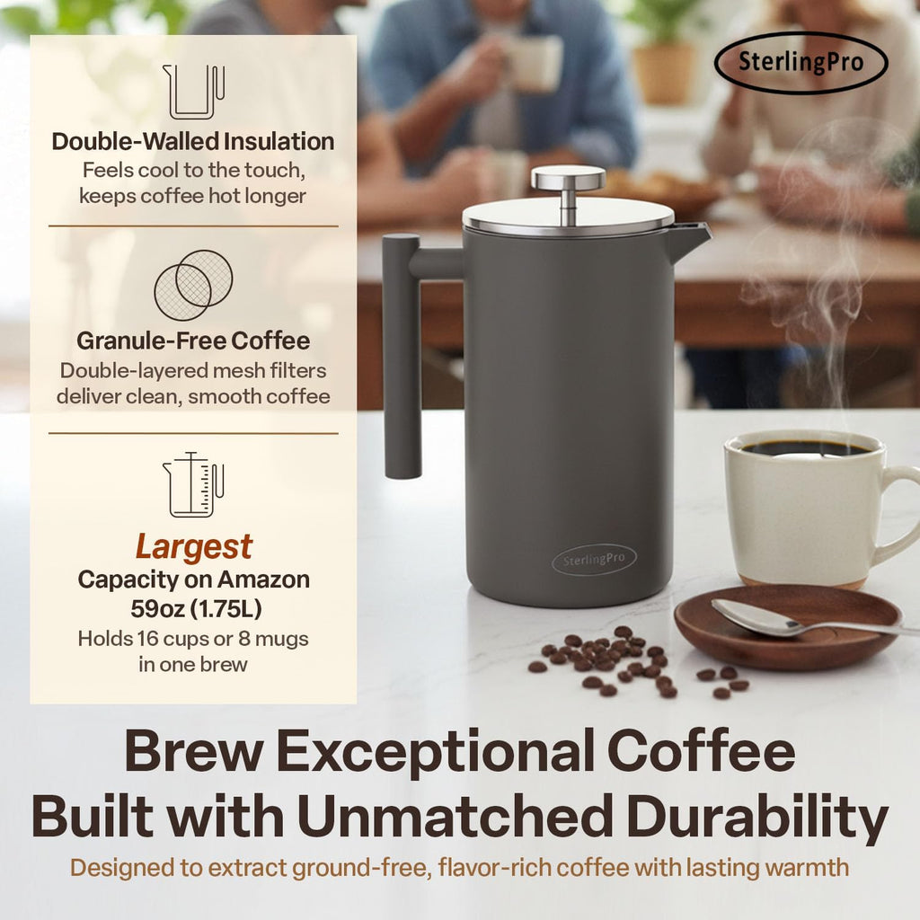 SterlingPro - Cafetera de prensa francesa de acero inoxidable extra grande con aislamiento no tóxico de 64 onzas, capacidad de 1/2 galón/2 litros (rendimiento de preparación de 59 onzas)